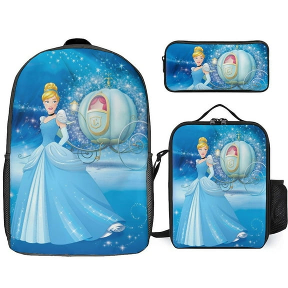 Cartoon Cinderella 3Pcs Game Backpack Set, 17Inch Daypack with Lunch Box And Pencil Case, Casual Large Capacity College Laptop Bag Travel Gifts