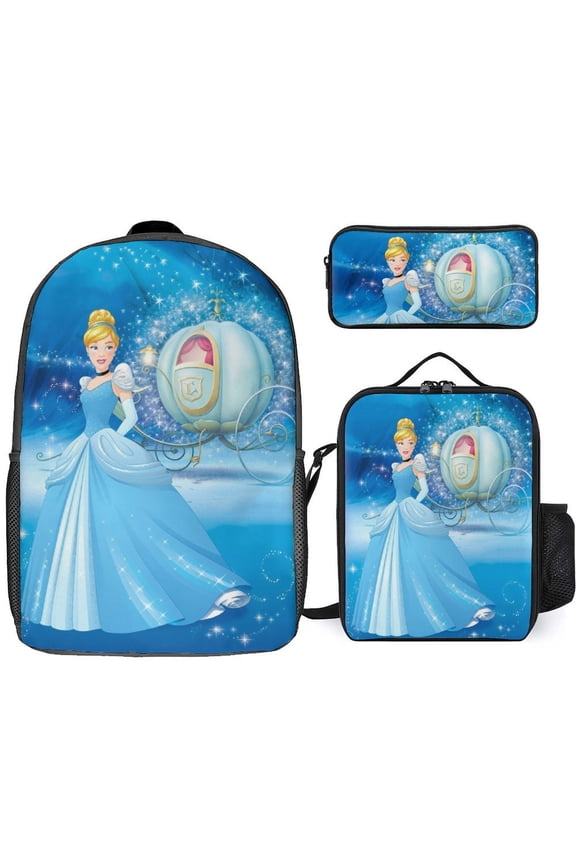 Cartoon Cinderella 3Pcs Game Backpack Set, 17Inch Daypack with Lunch Box And Pencil Case, Casual Large Capacity College Laptop Bag Travel Gifts
