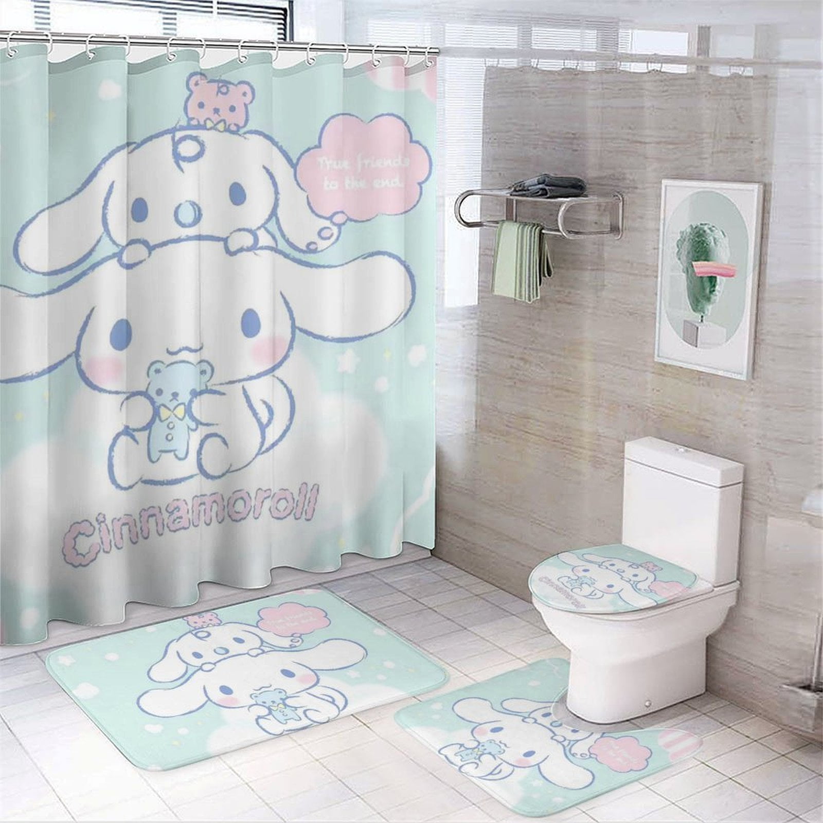 Cartoon Cinnamoroll 4 Piece Cute Shower Curtain Set - with Non-Slip ...