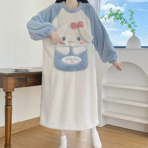 Cartoon Cinnamoroll Women's Thickened and Fleece-Lined Mid-Length Coral Fleece Plus-Size Loungewear Pajamas for Autumn and Winter