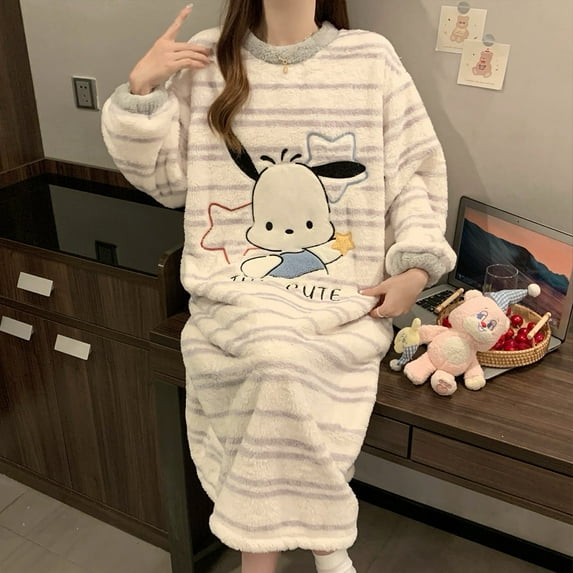 Cartoon Cinnamoroll Women's Thickened and Fleece-Lined Mid-Length Coral Fleece Plus-Size Loungewear Pajamas for Autumn and Winter