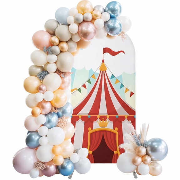 Cartoon Circus Arch Backdrop Cover 5 FT Carnival Tent Playground Cloudy Sky Stretchy Elastic Arch Stand Covers Spandex Arched Background Birthday Wedding Party Decoration (No Stand)