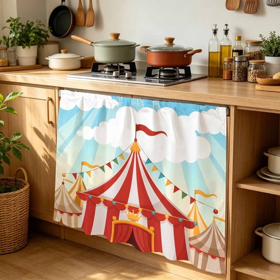 Cartoon Circus Cabinet Curtains 35" W x 35" L Carnival Tent Playground Cloudy Sky Waterproof Adhesive Kitchen Under Sink Curtain Dust-Proof Dishwasher Skirt for Closet