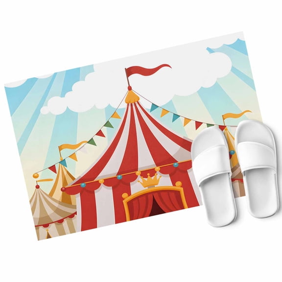 Cartoon Circus Door Mat Carnival Tent Playground Cloudy Sky Non Slip Absorbent Entrance Mat Washable Low Profile Indoor Doormat for Front Door Entryway Entry 16"x24"
