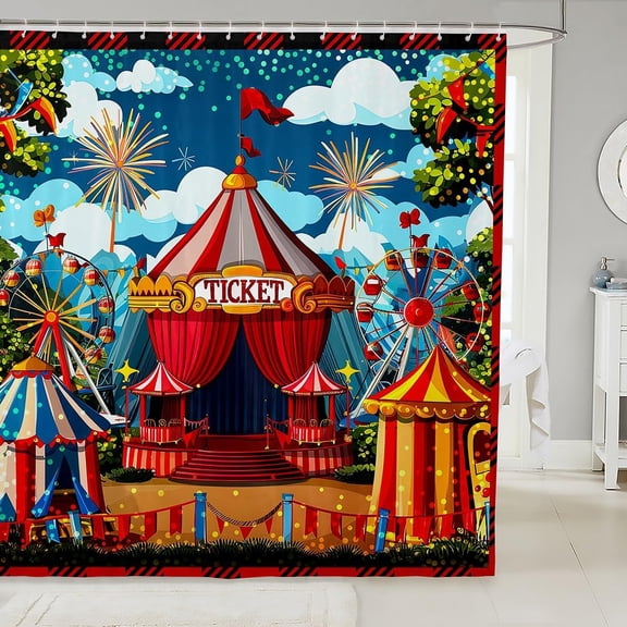Cartoon Circus Ferris Wheel Shower Curtain, Holiday Design, for Kids
