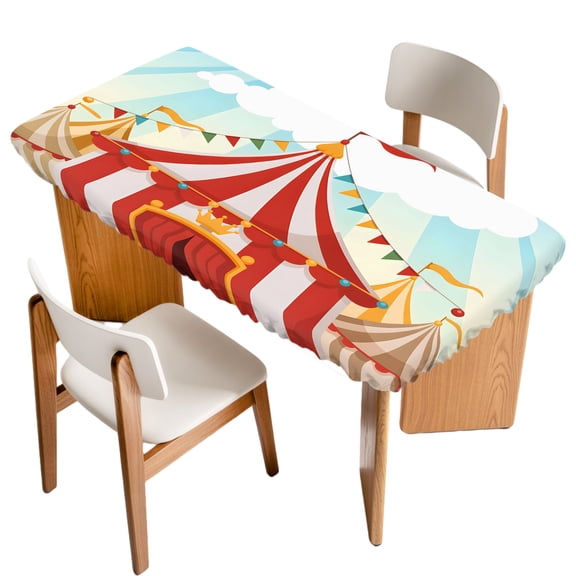 Cartoon Circus Fitted Rectangle Tablecloth 24" x 36" Carnival Tent Playground Cloudy Sky Elastic Table Cloth Fits for 3 Foot Folding Tables Waterproof Table Cover for Picnic Camping Outdoor