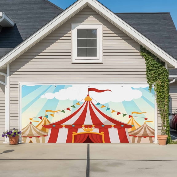 Cartoon Circus Garage Door Banner Covers, Carnival Tent Playground Cloudy Sky Large Hanging Indoor/Outdoor Backdrop Background for Christmas Winter Party Decor, 6x13ft