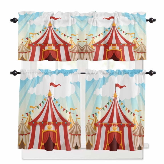 Cartoon Circus Kitchen Curtains Valance and Tier Set Carnival Tent Playground Cloudy Sky Rod Pocket Short Curtains for Small Window 3 Pieces Set for Bedroom Bathroom Cafe (54" x 18"+27" x 24")