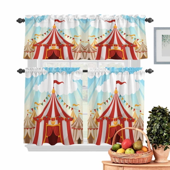 Cartoon Circus Kitchen Curtains Valances 3 Piece Set, Carnival Tent Playground Cloudy Sky Rod Pocket Tier Curtain and Valance Drapes for Small Window 24 Inch Length for Bedroom Cafe