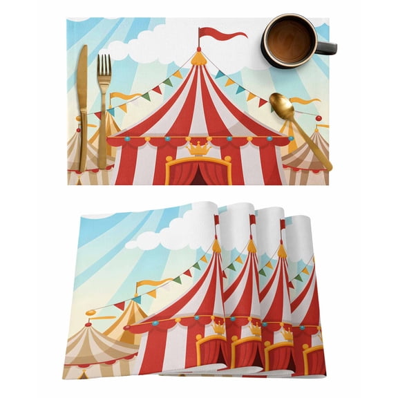 Cartoon Circus Placemats Set of 1 Carnival Tent Playground Cloudy Sky Heat Insulation Washable Place Mats, Rustic Non-Slip Table Mats for Dining Table Party Kitchen Decor,13x19 Inch
