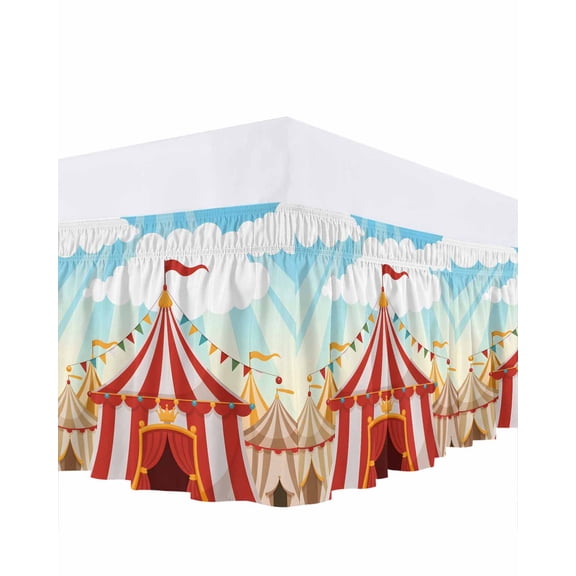 Cartoon Circus Ruffle Bed Skirt Queen Size Carnival Tent Playground Cloudy Sky Adjustable Elastic Dust Bed Skirts Wrap Around Bedskirt Wrinkle Free Easy Fit with 16 Inch Drop