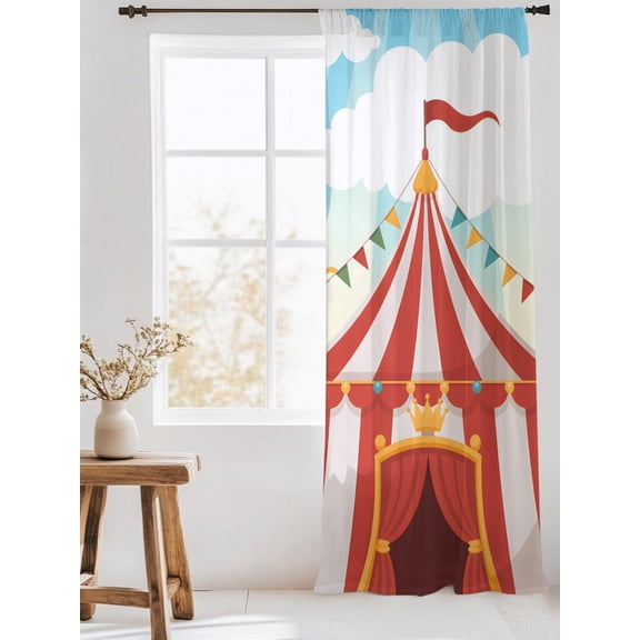 Cartoon Circus Sheer Curtains 108 Inch Long 1 Panel Carnival Tent Playground Cloudy Sky Light Filterring Curtain Drapes Rod Pocket Voile Window Curtain for Living Room Bedroom 52" x 108"