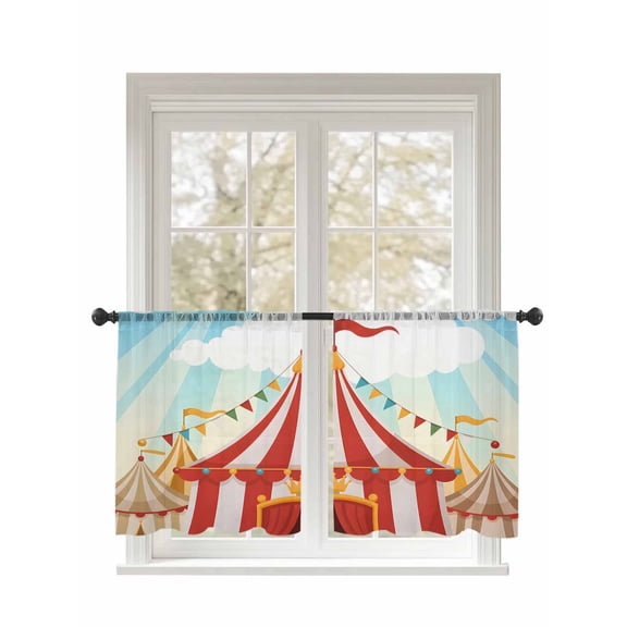 Cartoon Circus Sheer Curtains 2 Panels Set Carnival Tent Playground Cloudy Sky Lihgt Filtering Rod Pocket Voile Drape, Semi Sheer Window Curtains for Bedroom Living Room, 52"x45"