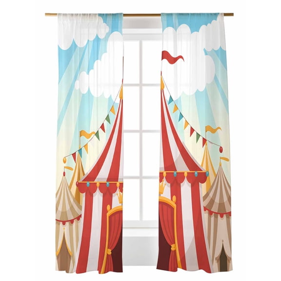 Cartoon Circus Sheer Curtains 2 Panels Set Carnival Tent Playground Cloudy Sky Lihgt Filtering Rod Pocket Voile Drape, Semi Sheer Window Curtains for Bedroom Living Room, 52"x84"