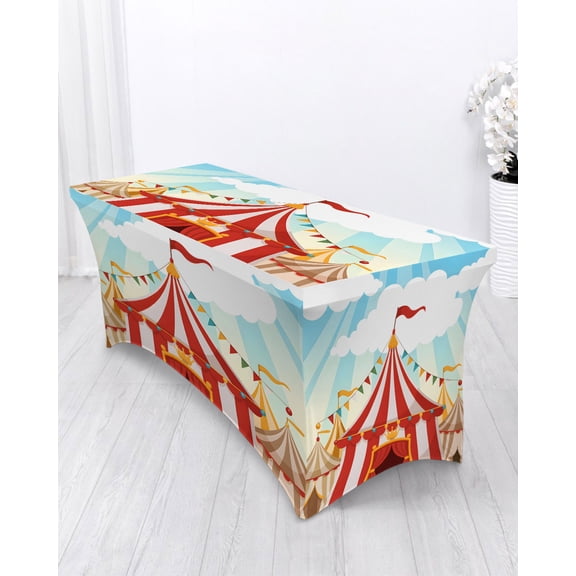 Cartoon Circus Spandex Tablecloth 4ft Carnival Tent Playground Sky Elastic Fitted Cloth for Rectangle Table Washable Wrinkle Proof Stretch Table Cover for Wedding Party Birthday Banquet