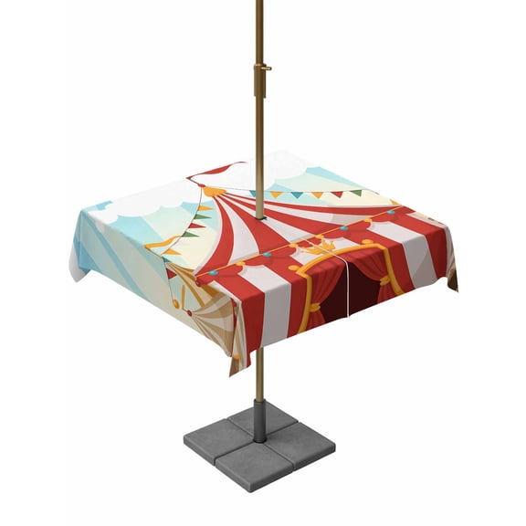 Cartoon Circus Square Outdoor Tablecloth with Umbrella Hole Carnival Tent Playground Cloudy Sky 54x54 Inch Waterproof Table Cover Zippered Table Cloth for Garden Patio