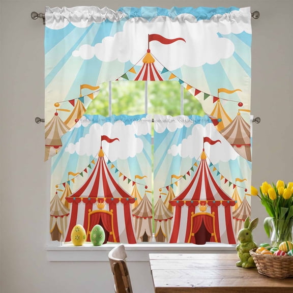 Cartoon Circus Swag Curtains Valance & Tier Set, Carnival Tent Playground Cloudy Sky 3 Pcs Set Kitchen Swag Valances and Tiers 24 Inch Length Rod Pocket Curtain Drapes for Bedroom