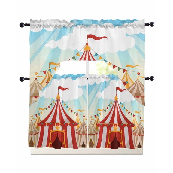 Cartoon Circus Swag Valance and Tier Curtains Set Carnival Tent Playground Cloudy Sky Kitchen Curtains 3 Piece Set Rod Pocket Panels for Bedroom Cafe Swag Valances and 36 inches Tiers