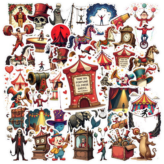 Cartoon Circus Theme Stickers, Waterproof Circus Theme Sticker for Water Bottle Laptop Phone Cases Planner Skateboard Luggage Helmet Party Favor Decor, Ideal for Adults Teens Teacher Rewards