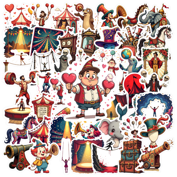 Cartoon Circus Theme Stickers, Waterproof Circus Theme Sticker for Water Bottle Laptop Phone Cases Planner Skateboard Luggage Helmet Party Favor Decor, Ideal for Adults Teens Teacher Rewards