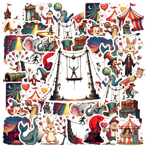 Cartoon Circus Theme Stickers, Waterproof Circus Theme Sticker for Water Bottle Laptop Phone Cases Planner Skateboard Luggage Helmet Party Favor Decor, Ideal for Adults Teens Teacher Rewards