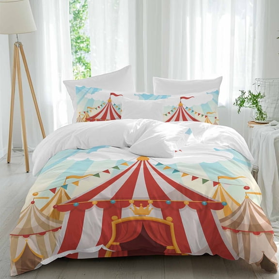 Cartoon Circus Twin Size Comforter Set, Carnival Tent Playground Cloudy Sky Bedding for All Seasons, 4 Pcs Bed Set, 1 Quiltcover (68"x86") ,1Sheet(67"x116"), 2Pillowcases (30"x20")