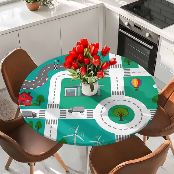 Cartoon City Map Elastic Fitted Round Tablecloth Road Toy Car House School Tree Sun Waterproof Outdoor Table Cover for Holiday Party, Picnic, Patio & Dining Fits Tables Up to 36"-44"