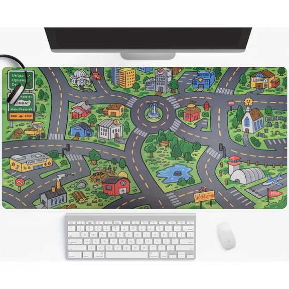 Cartoon City Street Large Mouse Pad - Ultra-Smooth Desk Mat with Stitched Edges, Non-Slip Rubber Base, Vibrant Urban Map Design for Office and Home Workspace