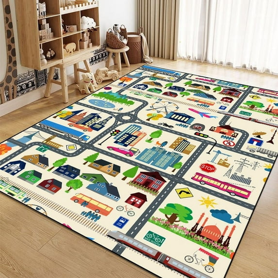 Cartoon City Traffic Carpet Baby Play Mat Fluffy Soft Large Area Rug Non-slip City Roadmap Traffic S