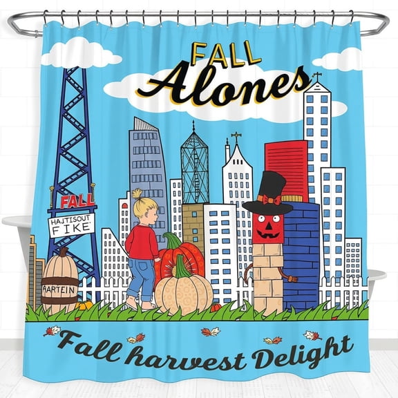 Cartoon Cityscape Fall-Themed Shower Curtain with Pumpkins & Whimsical Design