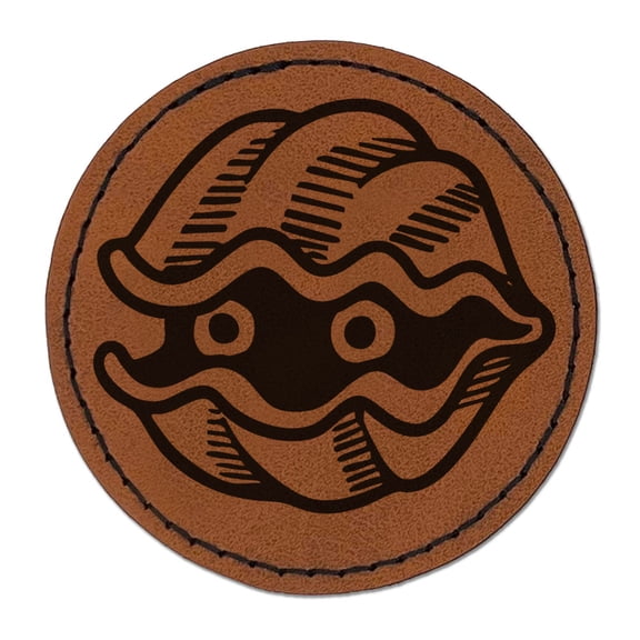 Cartoon Clam Shell Shellfish Peeking Round Iron-On Engraved Faux Leather Patch Applique - 2.5 Inch - Brown