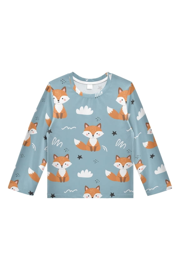 Cartoon Cloud Fox Pattern Boys' Rash Guard Shirts UPF 50 Plus Sun Protection Short Sleeve Swim Tees 3T