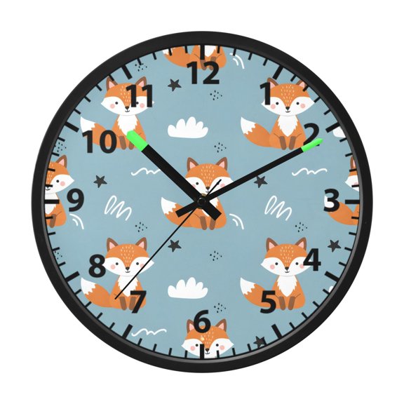 Cartoon Cloud Fox Pattern Wall Clock 12 Inch Voice Activated Night Light Silent Non Ticking
