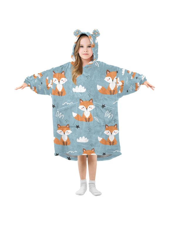 Cartoon Cloud Fox Pattern Wearable Blanket Hoodie Oversized Flannel Soft Warm Cozy 3-14 Age Large