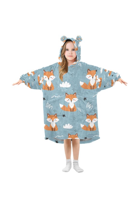 Cartoon Cloud Fox Pattern Wearable Blanket Hoodie Oversized Flannel Soft Warm Cozy 3-14 Age Small