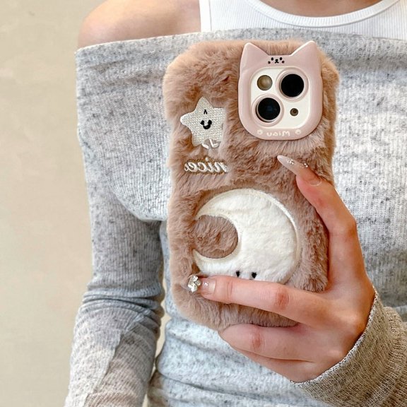 Cartoon Cloud Plush Case with Bow, Anti-Scratch Shockproof Phone Cover for iPhone 14/15/16/17 Plus Pro Pro Max