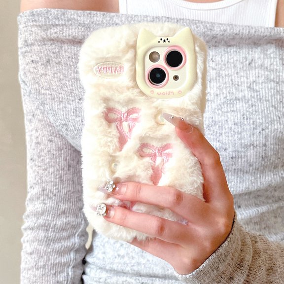 Cartoon Cloud Plush Case with Bow, Anti-Scratch Shockproof Phone Cover for iPhone 14/15/16/17 Plus Pro Pro Max