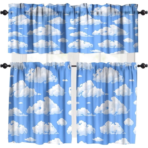 Cartoon Cloud Valance Curtains for Kitchen Window, Blue White Cloud Cute Kids Rod Pocket Short Curtains Valances for Bedroom Kitchen Living Room Cafe Nursery Playroom 54x18 Inch + 27x36 Inch X 2