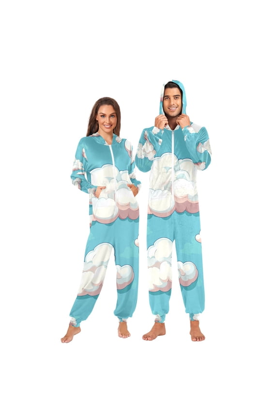 Cartoon Clouds Adult Onesie Pajamas Slim Fit Christmas One Piece Suit Pjs for Women and Men Hooded Zipper