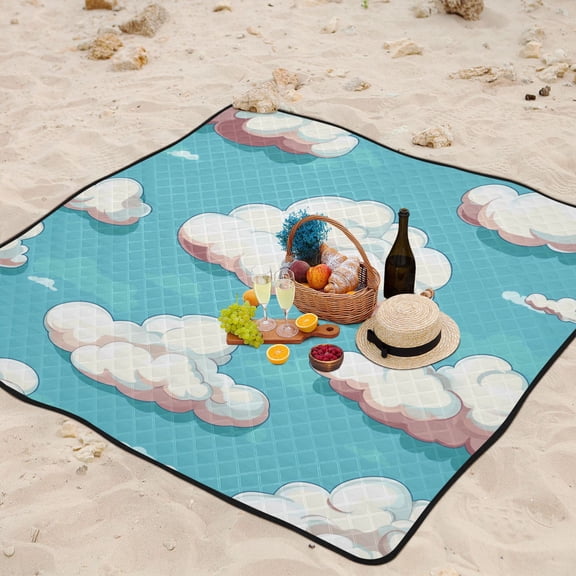 Cartoon Clouds Beach Blanket Outdoor Picnic Mat Sandproof Waterproof Foldable for Camping Travel Hiking