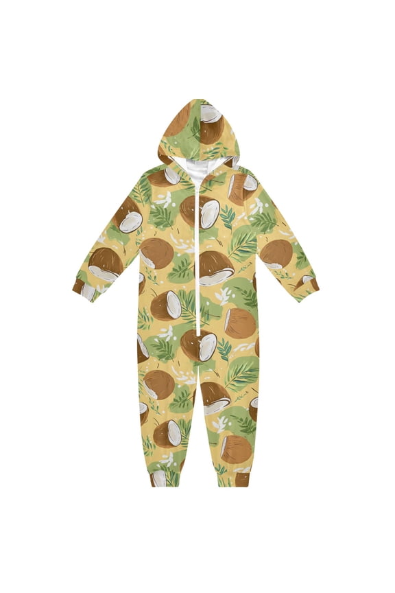 Cartoon Coconut Leaves Pattern One Piece Pajamas Soft Jumpsuit Cozy Sleep and Play Romper Zipper and Pockets 4T