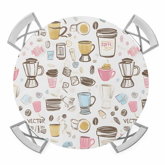 Cartoon Coffee Beans Machine Elastic Fitted Round Table Cover Simple Waterproof Outdoor Tablecloth for Holiday Party, Picnic, Patio & Dining Fits Tables Up to 36"-44"