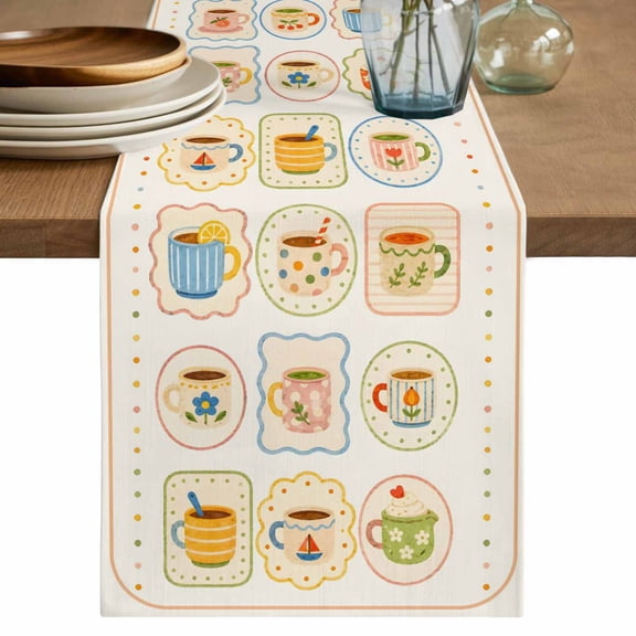 Cartoon Coffee Mugs Table Runner, Cute Funny Tea Cups Delightful Washable Cotton Linen Table Runners 36 Inches Long, Dresser Scarf Runner for Nightstand/End Tables/Round Tables 13''x36''
