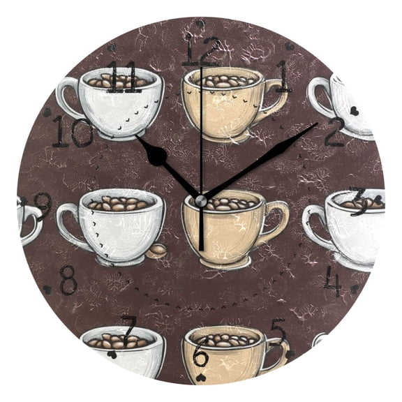 Cartoon Coffee Round Wall Clock Silent Battery Operated Home Decor for Living Room Bedroom