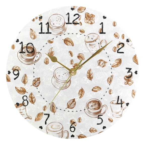 Cartoon Coffee and Leaf Round Wall Clock Silent Battery Operated Home Decor for Living Room Bedroom