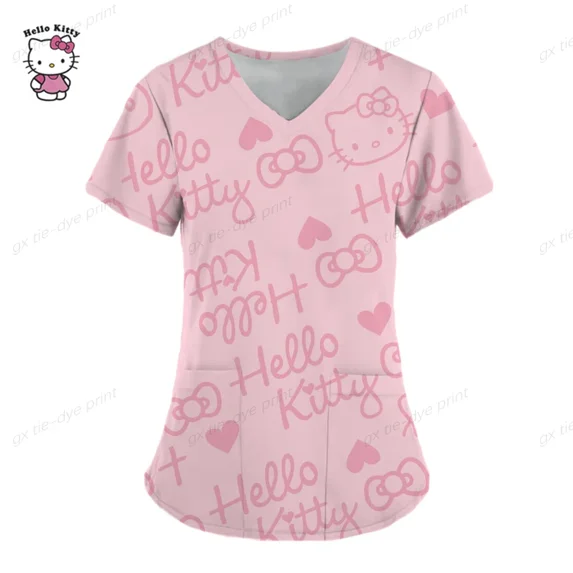 Cartoon Color Blocking Hello Kitty Printed Nurse Scrubs Women Nurse Uniform V-neck Clinic Uniform Hospital Spa T-shirt