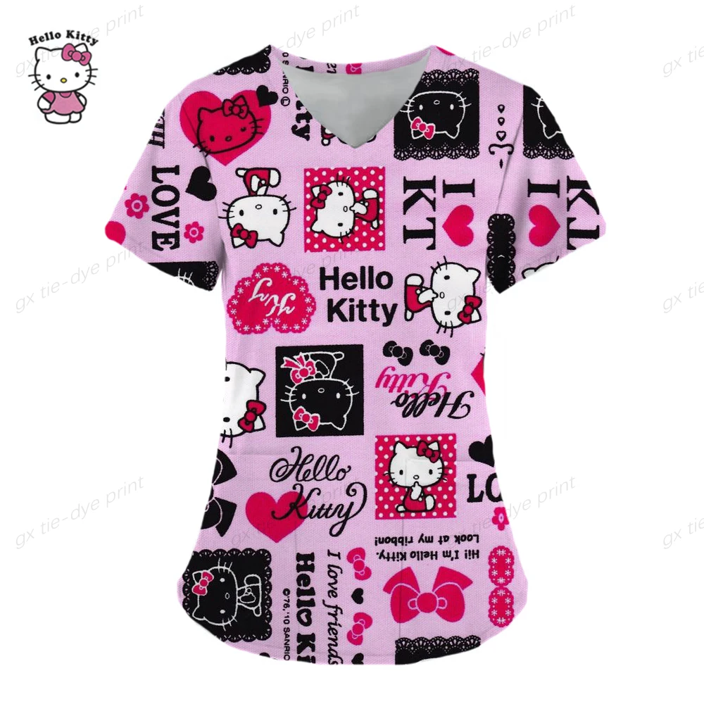 Cartoon Color Blocking Hello Kitty Printed Nurse Scrubs Women Nurse Uniform V-neck Clinic Uniform Hospital Spa T-shirt