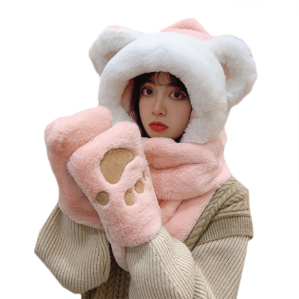 Cartoon Color Matching Animal Plush Hat with Attached Scarf and Mittens ...
