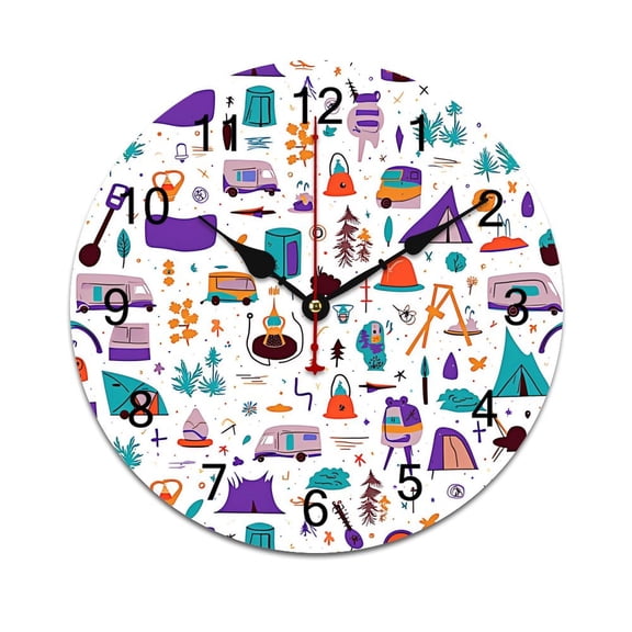 Cartoon Colorful Camper Vans Fire Trucks Printed Silent Wall Clock Round Kitchen Clock Chic Quiet Desk Clock For Living Room
