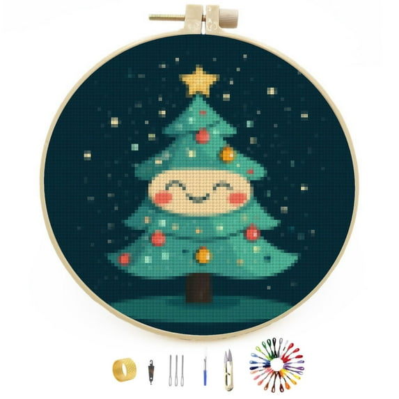 Cartoon Colorful Christmas Tree DIY Stamped Cross Stitch Kits Easy for Beginners with Hoop 11CT Counted Embroidery Needlepoint Crafts Arts for Handmade Enthusiasts and Home Decor 30x30cm(3)